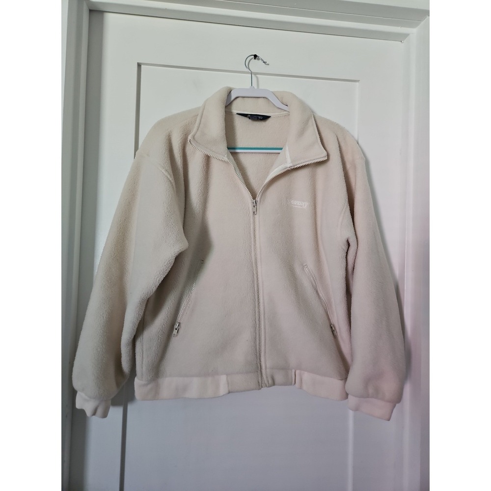 Vtg 90s Lands End Fleece Jacket Womens M 10-12 Cream Cream Full Zip Made in‎ USA
